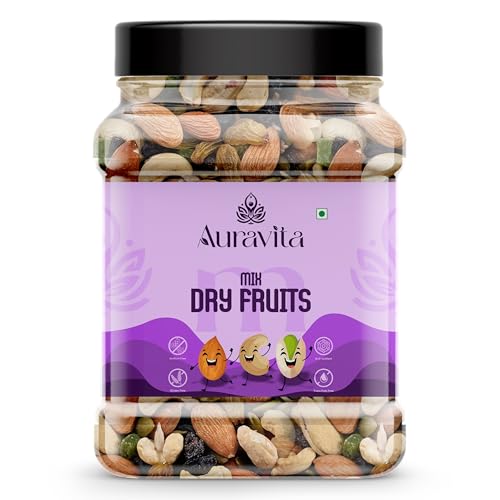 Image of Auravita Mix Dry Fruit 500GM | Healthy Mixed Nuts and Seed with Almonds, Cashews, Dates, Pumpkin Seeds, Candied Amla | Reusable Jar Pack Of 1