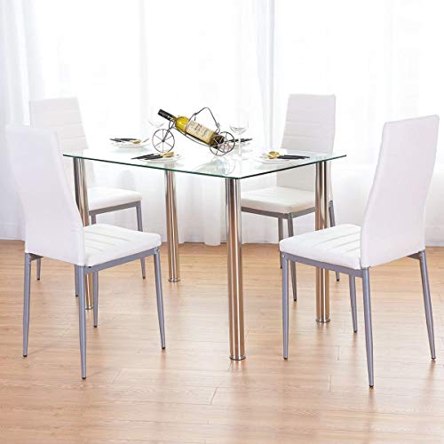 Fantask 5Pcs Dining Table Chairs Set, Simple Modern Dining Table Set W/Rectangular Tempered Glass Top & Pvc Leather Chair, Table Set Furniture For Home Living Dining Room Kitchen, White #TOP1