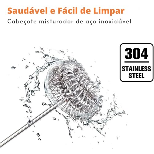 Mixer Elétrico Portátil Recarregável para Café e Bebidas, 3 Velocidades com 2 Batedores de Aço Inoxi