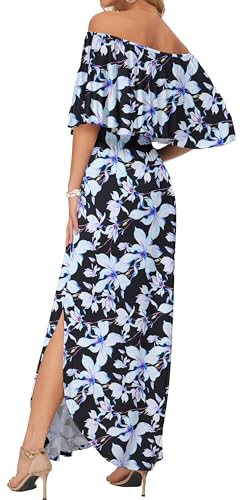 Image of AUSELILY Womens Off Shoulder Ruffle Split Summer Maxi Dresses with Pockets | Off-shoulder Ruffle dress with empire waist & side split for summer beach and casual parties
