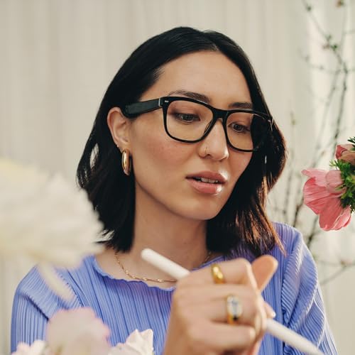 Image of Amazon Echo Frames (newest model), Smart glasses, Designed for Alexa+, Square frames in Classic Black with blue light filtering lenses