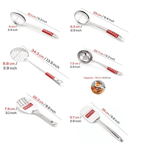 Image of HAZEL Stainless Steel Kitchen Tools Set of 6 - Diwali Gifts: Zara, Rice, Pastry, Ladle, Oval, and Pan Spoon for Festive Cooking