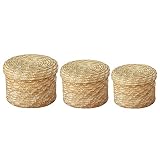 KUYYFDS 3pcs Straw Storage Baskets with Lid Woven Organizer Round Finishing Storage Box for Bedroom