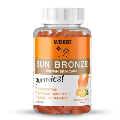 Weider Sun Bronze Gummies (40 Gominolas) Sabor Mango-Melocotón, Gominolas con Betacaroteno, Luteína, Zeaxantina y Vitamina A, Para Potenciar el Bronceado y Mantener la Piel, Sin Azúcar