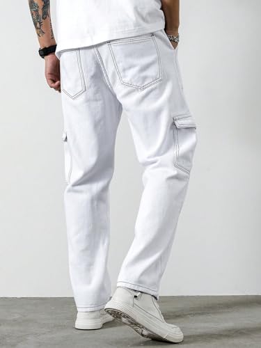 WDIRARA Men's High Waisted Contrast Stitching Cargo Jeans Denim Pants with Pockets2