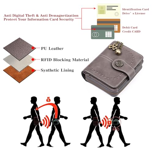Image of Small Wallet for Women Leather Bifold Compact RFID Blocking with Zipper Coin Pocket