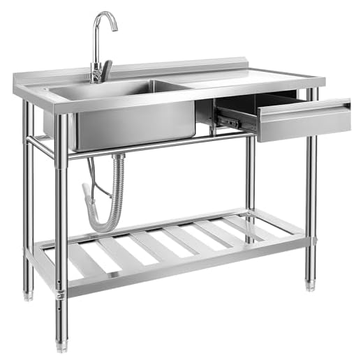 YORKING Stainless Steel Utility Sink, Free Standing Single Bowl Kitchen Sink with Cold and Hot Water Pipe for for Laundry Room Farmhouse Indoor and Outdoor Sink (47 inch)