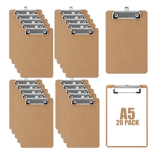 20 Pack A5 Clipboard Hardboard Clipboards Wooden Clipboards with Hanging Hole and Low Profile Metal Clip Memo File Clip Board for Office Restaurant School