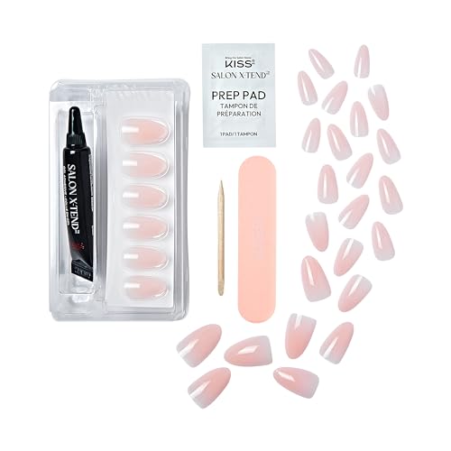 KISS Salon X-tend, Press-On Nails, Nail glue included, \'Gloria\', Light Beige, Medium Size, Almond Shape, Includes 30 Nails, 5Ml Led Soft Gel Adhesive, 1 Manicure Stick, 1 New Mini File, New Prep Pad