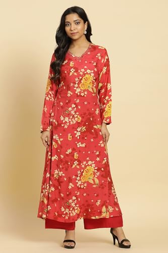 Image of W for Woman Women's Viscose Regular Fit Floral Printed Flared Regular Kurta