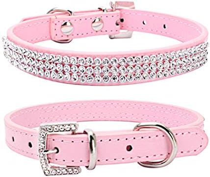 THAIN Basic Adjustable Dog Cat Collar Bling Rhinestones Shing Diamonds PU Leather with Rhinestones Buckle (XS(Length 8"-10"), Pink)