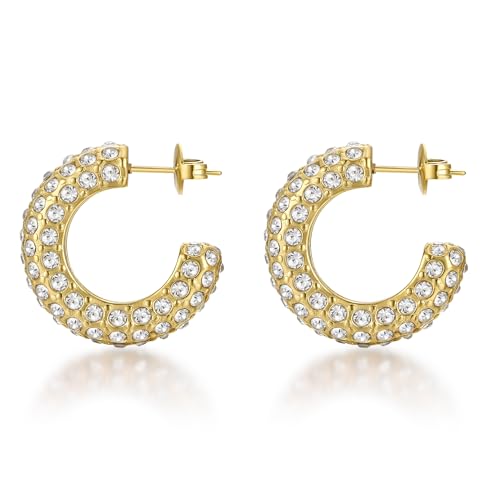 FRUMOS Chunky Hoop Earrings for Women Girls,14K Gold Plated Hoop Earrings with 925 Sterling Silver Post Cubic Zirconia Huggie Earrings| CZ Stud Earring(Full CZ Paved Earrings)