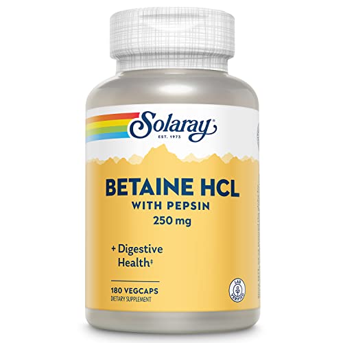 Image of SOLARAY Betaine HCl with Pepsin 250 mg Supplement for Men & Women - Digestive Support, Betaine Hydrochloride Capsules, Gut Health Support Formula, Gluten Free - 180 Veg Cap Ct