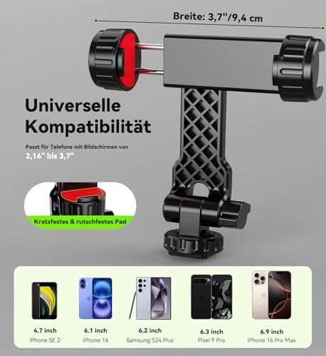 YZNT Handyhalterung für Stativ, Universeller Stativ Handyhalterung mit 2 Standard-Kaltschuhe und 1/4-Zoll-Standardschraube, 360° Drehbar & 180° Neigung, Kompatibel mit iPhone, Android & Kamera