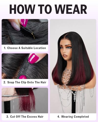 MEGALOOK 6x5 Bob Wig Human Hair With 4 Pcs 1B/99J Clip in Hair Extension Wear Go Glueless Wig Real Pre Cut HD Lace Pre Bleached Tiny Knots Straight Bob Human Hair Wigs for Women 12 Inch - Image 3