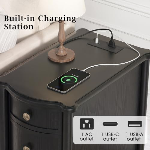 Image of JOINICE Narrow End Table with Drawers for Living Room, Vintage Black | Slim Nightstand with Storage for Bedroom, Skinny Bed Side Table with Charging Station for Small Spaces, Wood-Grain Texture