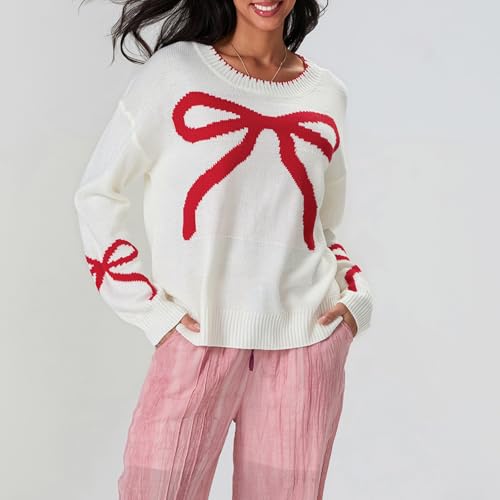 Image of Women Cute Bow Knit Sweater Y2k Long Sleeve Crew Neck Knitted Pullover Top Oversized Going Out Fall Winter Knitwear