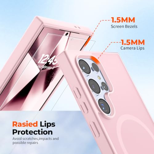 Image of SUPFINE Magnetic for Samsung Galaxy S24 Ultra Case with Screen Protector, (Built-in Magnets) (Military Grade Drop Protection) Slim Translucent Shockproof Phone Case,Light Pink