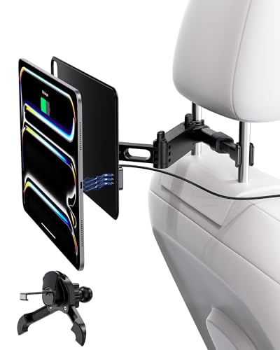 KU XIU Magnetic Wireless Charging Car Headrest Tablet Holder for iPad Pro 13'' M4/M5 Only, Adjustable Long Arm Tablet Car Mount Back Seat for Kids, Road Trip Essentials Holder with Air Vent Stand