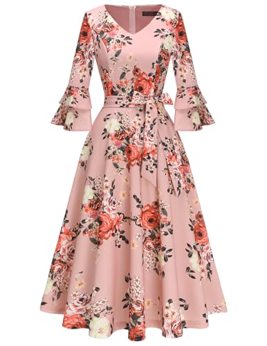 Image of DRESSTELLS Women's Cocktail Dress Summer Wedding Guest Party Vintage 3 /4 Bell Sleeve V Neck A-Line Dress