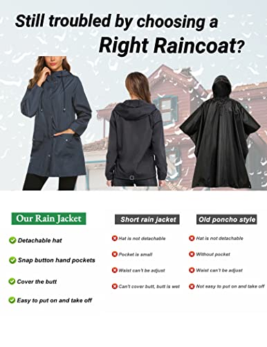 SUNAELIA Rain Jacket Women Waterproof with Stripe Liner Hood Lightweight Raincoat Outdoor Windbreaker Trench Coat S-XXL Navy Blue