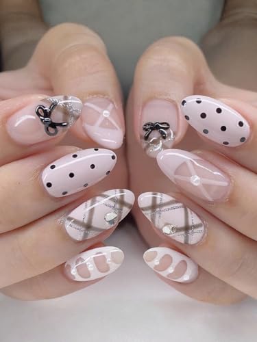 Image of Secret Lives Black Polka Dot Bow Press-On Nails - Cute Short Almond Artificial False Nails with Glossy Nail Art 24-Pieces Set with Kit