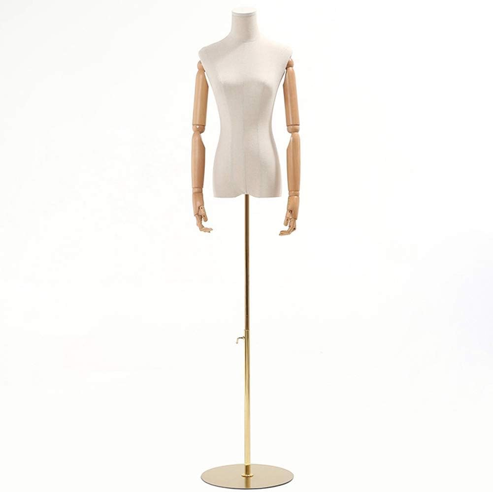 Female Mannequin Dress Form Torso with Round Metal Base and Movable Arms - Off White Premium Fully Pinnable Women's Clothing Dress Display ，Gold-M