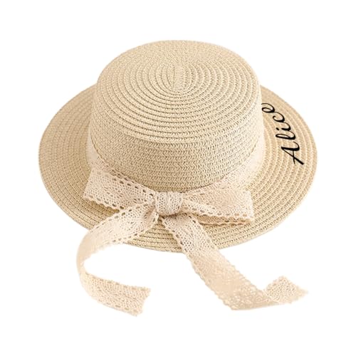 Personalized Baby Girl Straw Sun Hat, Custom Toddler Bowknot Beach Hat with Name
