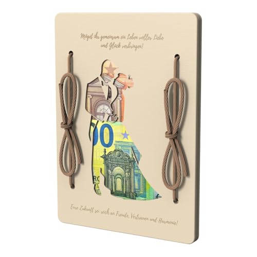 YIPFEN Cartão de madeira para dinheiro de casamento – presente original para noivos com gravura romântica, lembrança reutilizável como moldura de fotos – ideal para lua de mel