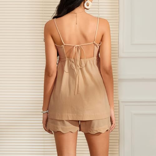 Image of Yuemengxuan Women 2 Piece Casual Lounge Set Sleeveless Strappy Tie Back Cami Top Wide Leg Shorts 2Pcs Summer Pj Set Beachwear
