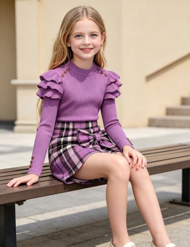 Image of Girls Clothes 2 Piece Ruffle Long Sleeve Shirt Top and Bow Plaid Skirt Set Girls Fall Winter Outfits 6-16 Years