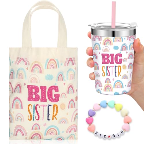 Image of Shinylin 3 Pcs Big Sister Gift 12 oz Pink Big Sister Cup Stainless Steel Mug Vacuum Insulated Tumbler with Leak Proof Lid and Straw Big Sister Canvas Tote Bag Big Sister Bracelet for Little Girls
