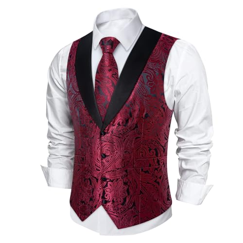 Image of DiBanGu Mens Paisley Suit Vest Silk Jacquard Waistcoat and Necktie Set Formal Shawl Collar Dress Vest 7PCS for Wedding Party