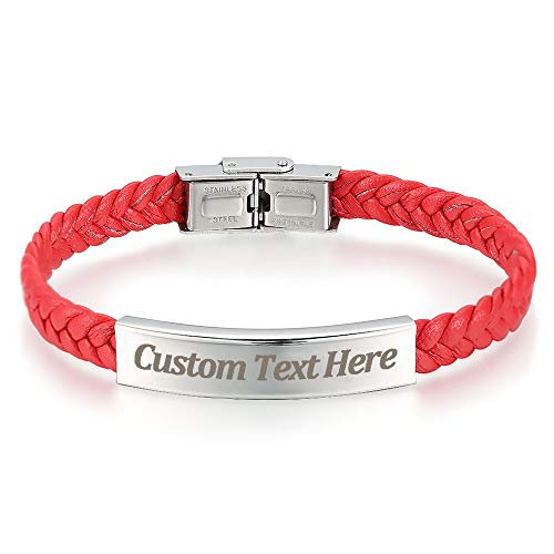 GAGAFEEL Custom Leather Bracelet Classic Braided Rope Engraved Name Message Men Women Stainless Steel ID Cuff Bangle Xmas Birthday Gift for Bestfriend Couple