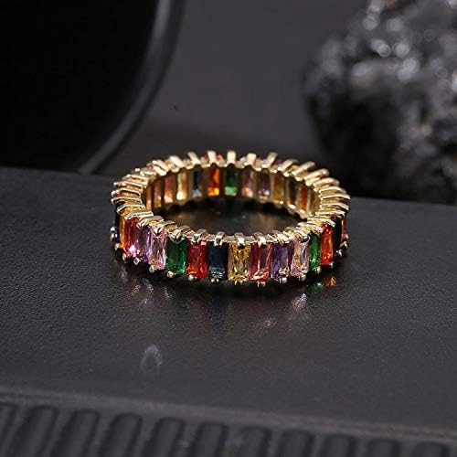 Rainbow Square Baguette Zircon Engagement Ring Colorful Cubic Zirconia Stackable Eternity Band Ring Gold Filled Copper Geometric Thin Line Multicolor Pava CZ Finger Ring for Women Girl Party Jewelry - Image 4