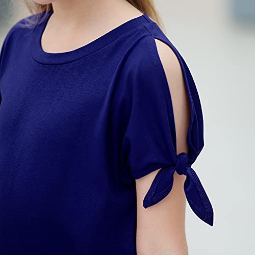 Image of GORLYA Girls Slit Sleeve Tie Knot Cuff Knit Tunic Top 4-14Y | Seamless knit, cold shoulder slit sleeves with tie-knot cuffs, solid & stripe options, ideal for school and casual outings.