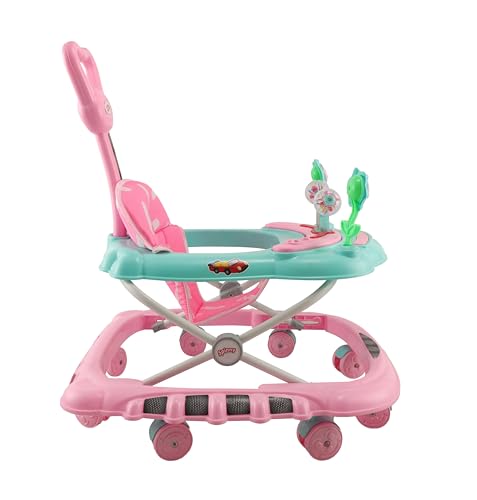Image of JoyRide Spinny Spinner 8 Wheels Baby Walker, Adjustable Height,Parentle Handle, Comfortable Seat, Music and Light, 360 Degree Rotation, Maximum Weight: 12 kg (Green Pink)