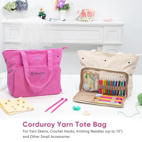 Image of MYBAGZING Large Crochet Bag & Tote, Corduroy Yarn Organizer for Crocheting, Yarn Storage Bag for Hooks and Accessories, Knitting Tote for Crochet Lovers, Mother's Day Gift