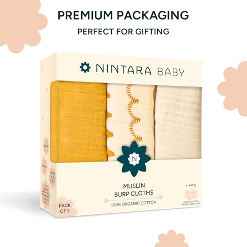 Image of NINTARABABY Burp Cloths - 100% Organic Muslin Cotton, Pack of 3