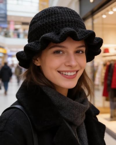Image of Women Crochet Bucket Hat Cute Winter Ruffled Brim Floppy Cap Handmade Knit Cloche Hats