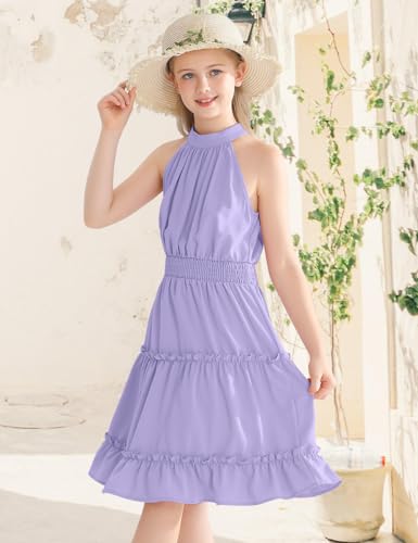 Girls'Dresses Summer Halter Neck Off Shoulder Solid Waist Smocked A-Line Midi Dress 6-14 Years3