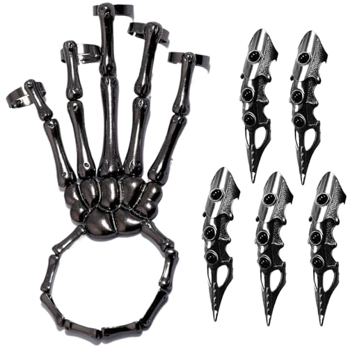 Skeleton Bracelet Skeleton Hand Bracelet with 5Pcs Full Finger Rings Punk Gothic Jewelry with Movable Joint Plated Alloy Halloween Jewelry for Cosplay, Party, Costume, Black