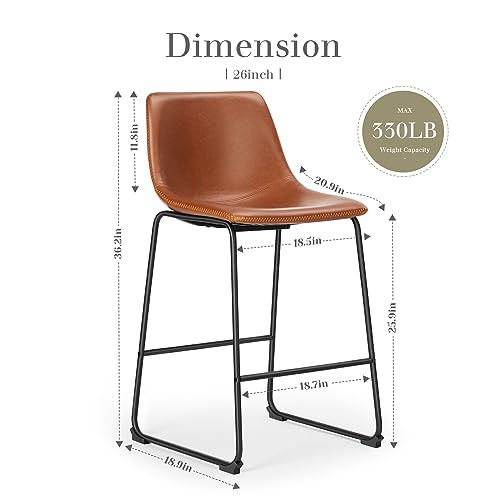 image for JHK 26 Inch Counter Height Bar Stools Set of 2, Modern Faux Leather Hi