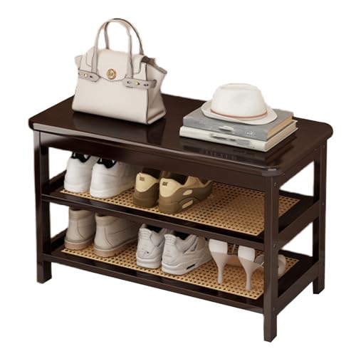 Banco zapatero de 3/4 niveles de nogal – Nizer de almacenamiento de madera maciza con estante de ratán, diseño que ahorra espacio para entrada y sala de estar (65 cm) – Elegante exhibición de calzado