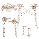 Chinese Hair Sticks,Hanfu Long Tassel Hair Stick Set Traditional Classical Crystal Pearl Hair Pins/Hair Comb/Earrings Classical Style Handmade Hair Accessories for Women Girls