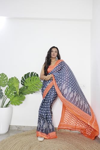 Image of RADHA LAKSHMI Pure Soft Cotton Ikkat Hand Print Women's Saree with Blouse Piece, Grey Dhumketu