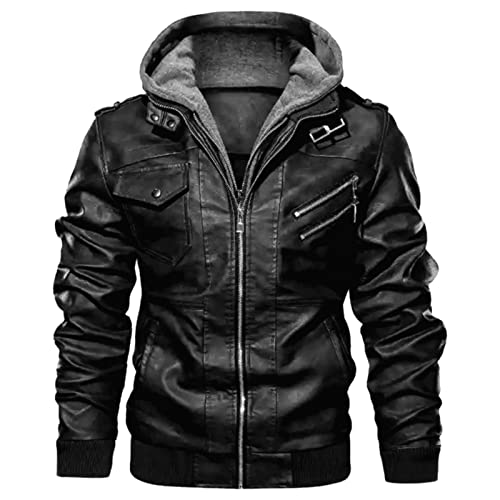 Ymosrh Men's Leather Bomber Jackets Casual Motorcycle Jacket Faux with Hood Jacket, M-3XL