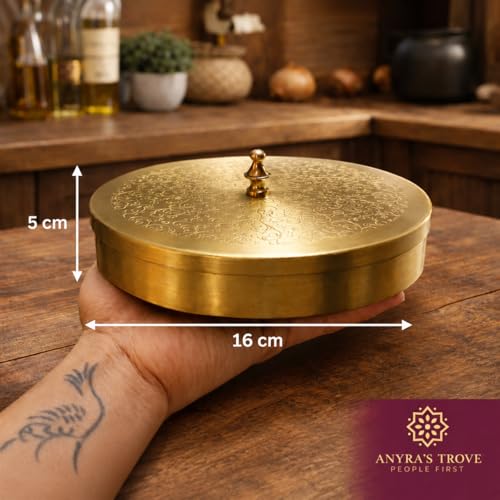 Image of ANYRA'S TROVE Pure Brass Spice Box Set with Spoon(7 Containers) Pital Masala Box For Kitchen|Spices Masala dabba|Masala Dani|Anjarai Petti|Namak Dani|Container|gifting for Home