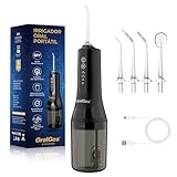OralGos Irrigador Dental Portatil 260ML, 4 Modos de Jato, 4 Bicos, Limpeza Profunda dos Dentes e Gengivas, Elétrico, Recarregável, À Prova d’Água IPX7 (Preto)