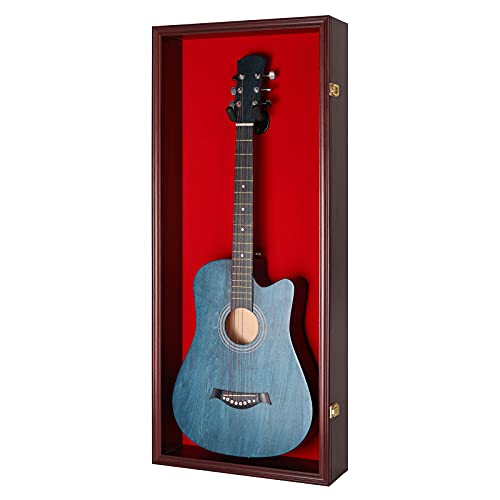 JDECO 38" Acoustic Guitar Display Case Wall Mount Electric Guitar Display Case Large shadow box 92% Clear View Anti Fade UV Protection Lockable for Acoustic Guitars Enthusiast Collectibles Mahogany